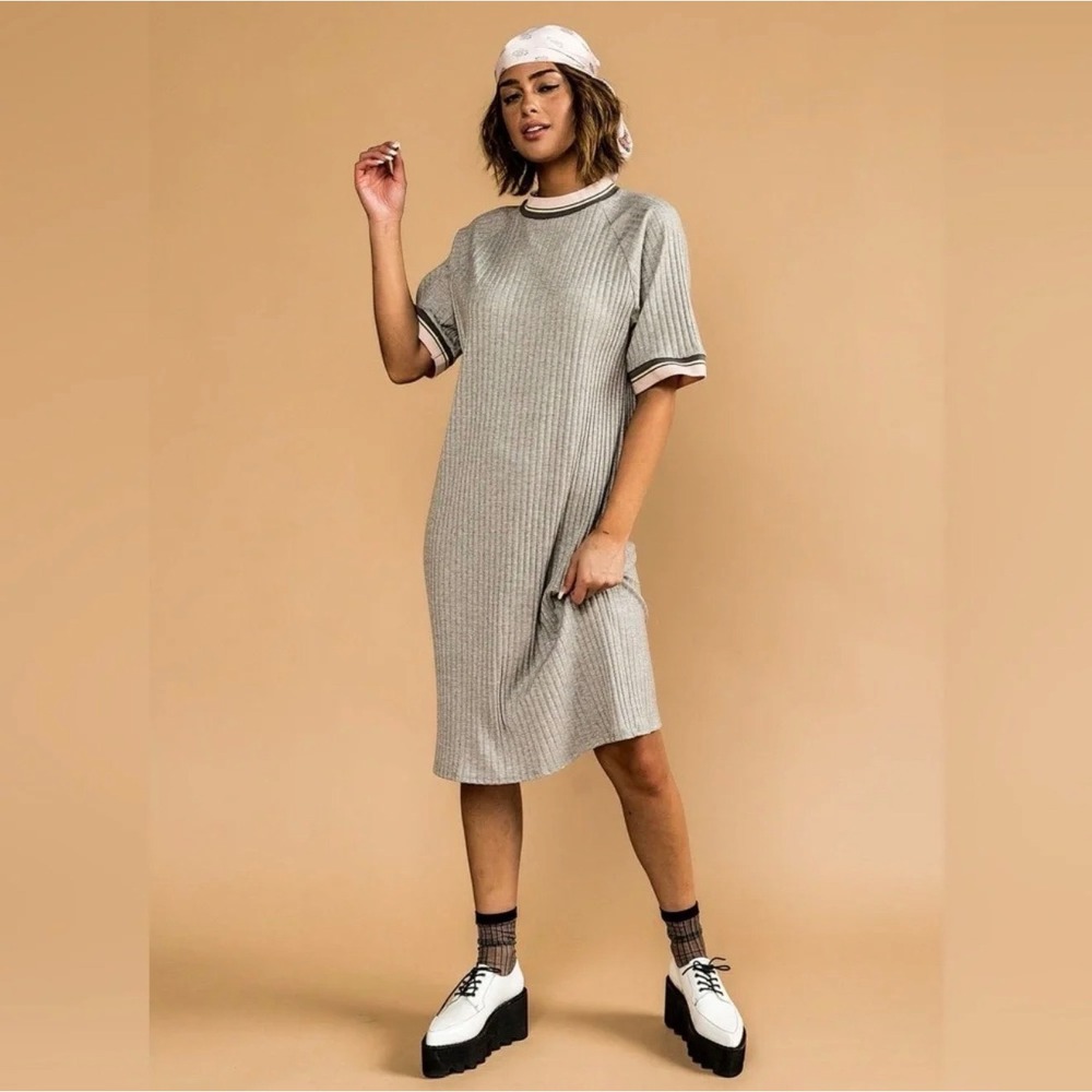 Dressed in LALA Women Frankie Shirt Dress Small Gray Rib Knit Casual Pink Trim